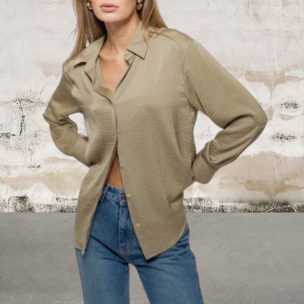 The Workshop Women’s Silky Satin Button Down Shirt in Olive Green Medium NWT - Picture 2 of 7